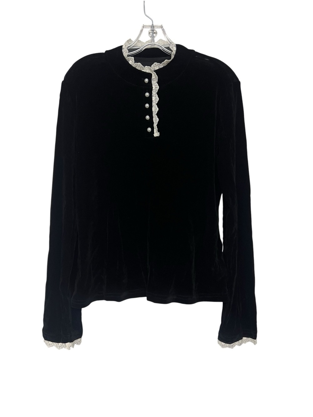 Black Velvet Long-Sleeve Top Lace Trim Dark Academia Vintage Romantic Victorian